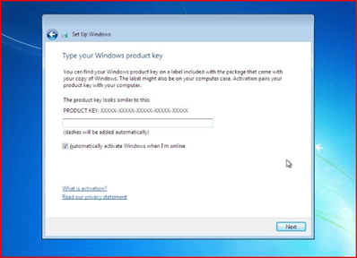 Windows 7 Setup Screen, Product Key